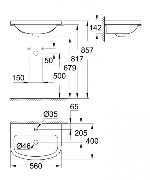 Grohe Bau 55 håndvask t/nedfældning - 1 hanehul Grohe Bau 55 håndvask t/nedfældning - 1 hanehul