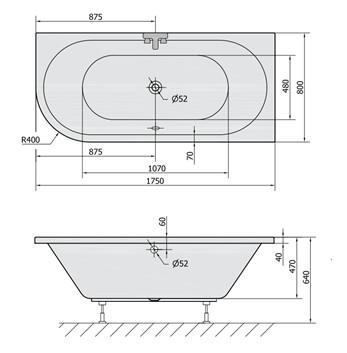 Royal Viva badekar t/indbygning - 175 x 80 - H&oslash;jre - 2 rygl&aelig;n