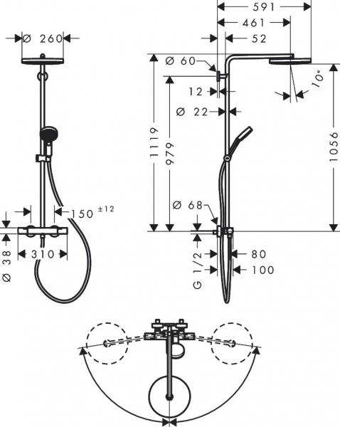 hansgrohe Pulsify S Puro 260 Showerpipe 1jet m/EcoSmart, EcoStat Fine og 3jet h&aring;ndbruser - B&oslash;rstet bronze