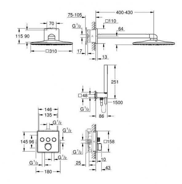 Grohe SmartControl 310 komplet brusesystem til indbygning - Firkantet Grohe SmartControl 310 komplet brusesystem til indbygning - Firkantet