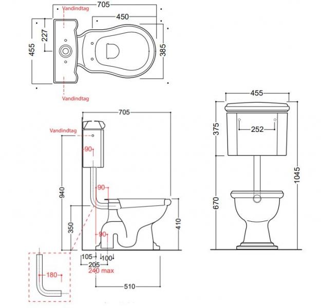 Lavabo Retro Low toilet med messing rør og S-lås - Blank hvid Lavabo Retro Low toilet med messing rør og S-lås - Blank hvid