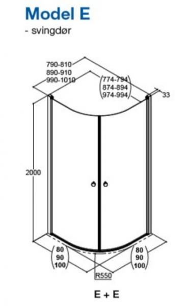 Dansani Match E+E brusehj&oslash;rne - 90x90 cm - Klart glas/mat sort